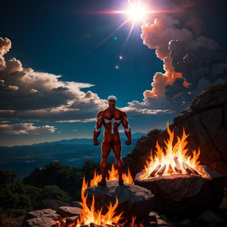 anime artwork of  <lora:Omni-Man SD1.5:1.2>
Omni-Man a man standing on top of a rock next to a fire, anime style, key visual, vibrant, studio anime,  highly detailed