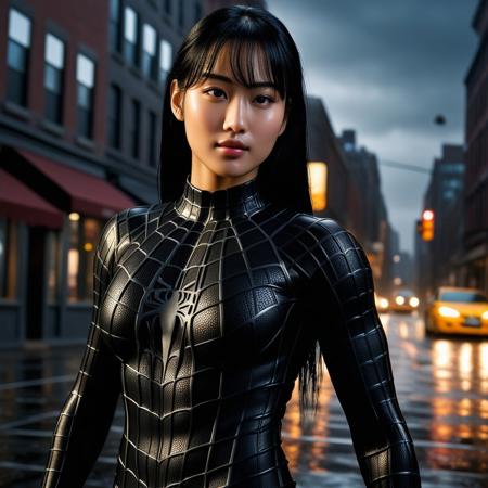 score_9, score_8_up, score_7_up, best quality, realistic, masterpiece, beautiful detail, hyperrealistic, night, ((1girl, woman body, large breast)), amazing detailed full body of a cute korean girl, wearing a realistic and highly detailed black raimi spider-man suit, ((defined muscular girl)), professional model wears ultra - detailed black raimi spider - man suit, ultra - detailed and grained black raimi spiderman suit, suit covered entire body and hand, black spiderman gloves, wet, (black hair, attraction, light smile), close up, octane render, highly detailed, volumetric, dramatic lighting, (highest quality:1.1), (HDR:1.3), (top quality, best quality), realistic, high definition, sharp contrast between light and shadow, athletic and fit physique, highly detailed and accurate portrayal, photorealistic rendering, tense and alert atmosphere cinematic scene, cinematic lighting, intricate detail skin and facial texture, lifelike expression, accurate character design, interesting and complex background details,