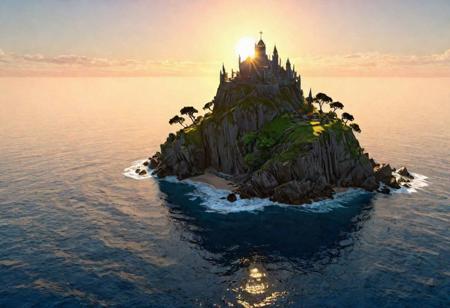 stairs to a small floating island on top of which can be seen a very bright sea with a very bright sunrise, by john singer sargent and jan van eyck, trending on artstation, 8 k, wallpaper