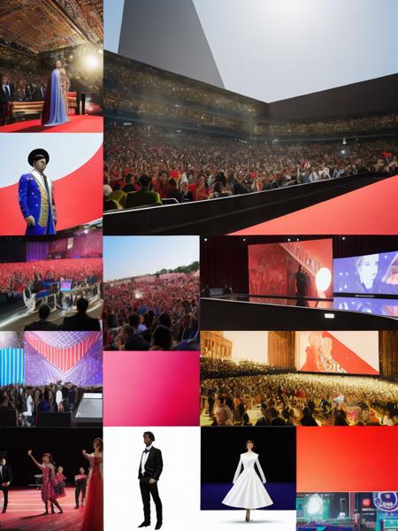 <lora:AlejandroJodorowsky:1>a collage of images of people in costume and a stage with a large screen in the background by Alejandro Jodorowsky