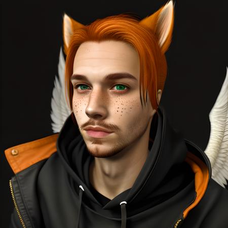 <lora:SecondLife:.6> Second Life, masterpiece, 1boy, male_focus, solo ,solo, animal ears, facial hair, heterochromia, orange hair,green eyes, wings, hood, hoodie, freckles, beard, fox ears, simple background, hood down, cat ears, upper body,Kodak colors, rim lighting,