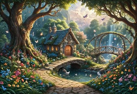 (Isekai anime style.Anime coloring.(0.9))In a whimsical world, a beautiful fairy garden blooms with vibrant flowers and sparkling fountains. A delicate, crystal bridge spans a gentle stream, leading to a majestic tree with leaves that shimmer like diamonds. A friendly, fluffy rabbit hops along the winding path, surrounded by fluttering butterflies and sweet, singing birds. The garden is filled with hidden treasures, like a tiny, glowing fairy door and a secret, shimmering cave. A soft, fluffy cloud drifts lazily across the sky, casting a warm, gentle shadow over the garden. The air is filled with the sweet scent of blooming flowers and the soft, soothing sound of gentle chimes. It's a peaceful, magical place where dreams come alive and wonder waits around every corner.master_class,master_piece,up_8,up_9,perfect beautiful,perfect beautiful early morning light.