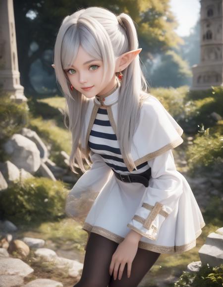 frieren,green eyes,dangle earrings,drop earrings,elf,grey hair,long hair,parted bangs,pointy ears,twintails,white hair, black belt,(black pantyhose),white capelet,white dress,jewelry,long sleeves,red gemstone,white skirt,(striped shirt:1.1), boots, holding staff,mage staff