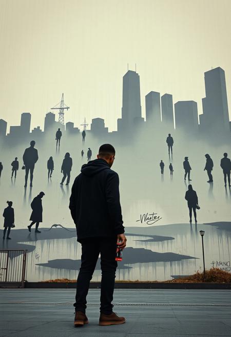 A figure holding a spray can, standing before a vast mural of dreamlike silhouettes and empty space
hyperrealistic graffiti, modernist minimalism, contemplative figures, urban surrealism, bold composition, muted color palette with graphic accents, stylized realism, narrative symbolism, soft textures contrasted with street art edge, emotional stillness, layered spatial design, fine lines with architectural structure