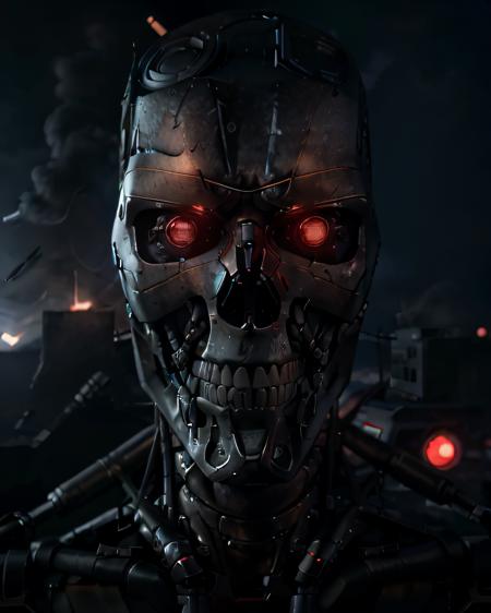 (A terminator cyborg in future city). (RAW photo, real life, absurdres, high quality, detailed, realistic:1.3), (solo:1.3), a high resolution photo of a t-800 with intricate details, with red eyes glow and metal shiny skull face and chrome metal body, eyes are red camera lenses. ((metal reflex fire, big flames, fog, smoke and dark background)), cinematic, atmospheric, 4k, realistic lighting, shot by Hassleblad camera, Zeiss lens, 50mm 1.2 lens, Octane Render, ultra realistic, realistic lighting, photorealistic, photorealism, unreal engine, highly detailed, intricate detail, <lyco:terminator:0.8> ((half body)).