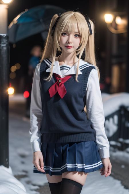 ultra-detailed,highly detailed,best quality,masterpiece,illustration,realistic,
eriri, 1girl, solo, cosplay, 
blonde hair, twintails,long hair, bangs,   blue eyes, 
sweater vest, school uniform, serafuku,sailor collar,shirt, vest, long sleeves,  hair ribbon, pleated skirt, blue skirt, neckerchief,  
standing,looking at viewer,  cowboy shot, 
blurry background, outdoors, night, photo inset, photo background,depth of field, reference inset,winter, snowing, christmas, 
 <lora:eriri_v4_03:0.7>