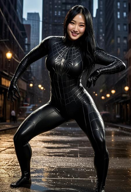 score_9, score_8_up, score_7_up, best quality, realistic, masterpiece, beautiful detail, hyperrealistic, night, ((1girl, woman body, big breasts)), amazing detailed full body portrait of a sexy korean girl, wearing a realistic and highly detailed black raimi spider-man suit, ((huge muscular girl)), professional model wears ultra - detailed black raimi spider - man suit, ultra - detailed and grained black raimi spiderman suit, suit covered entire body and hand, black spiderman gloves, wet, (black hair, dancing, smile), (full body), (dirty skin), octane render, highly detailed, volumetric, dramatic lighting, (highest quality:1.1), (HDR:1.3), (top quality, best quality), realistic, high definition,