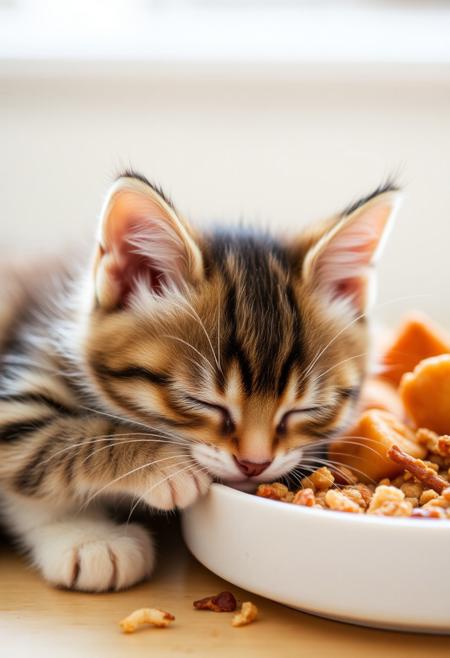 A cute kitten falling asleep into their food