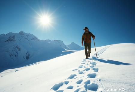 A solitary man chad in weathered brown jacket, green pants, black hat, sunglasses, holding a walking stick, treks right across a vast, pristine snowy mountain under deep blue sky. Harsh sun glare on snow, detailed footprints trail behind. Cinematic lighting, octane render, beautiful matte painting, contemporary aesthetics, high-resolution, lifelike details, impeccable composition, trending on ArtstationHQ.