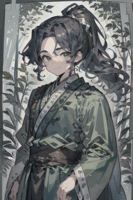 meilan, long hair, curly hair, dark blue hair, ponytail, open forehead, high bangs, green eyes, hanfu, green clothes