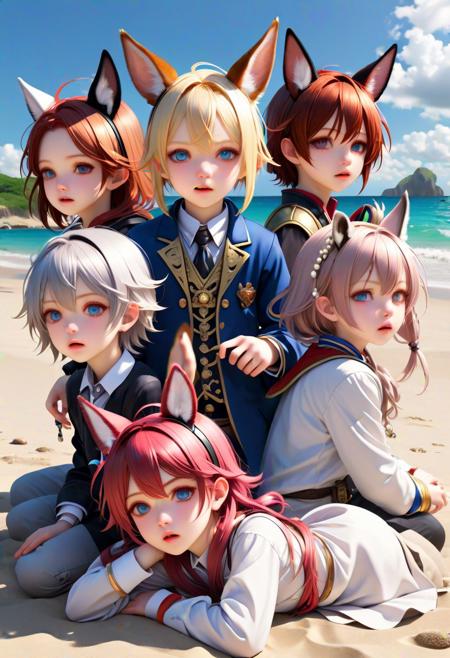 5 Children with different animal ears and features playing happily on a beach of pearls in a fantasy world.