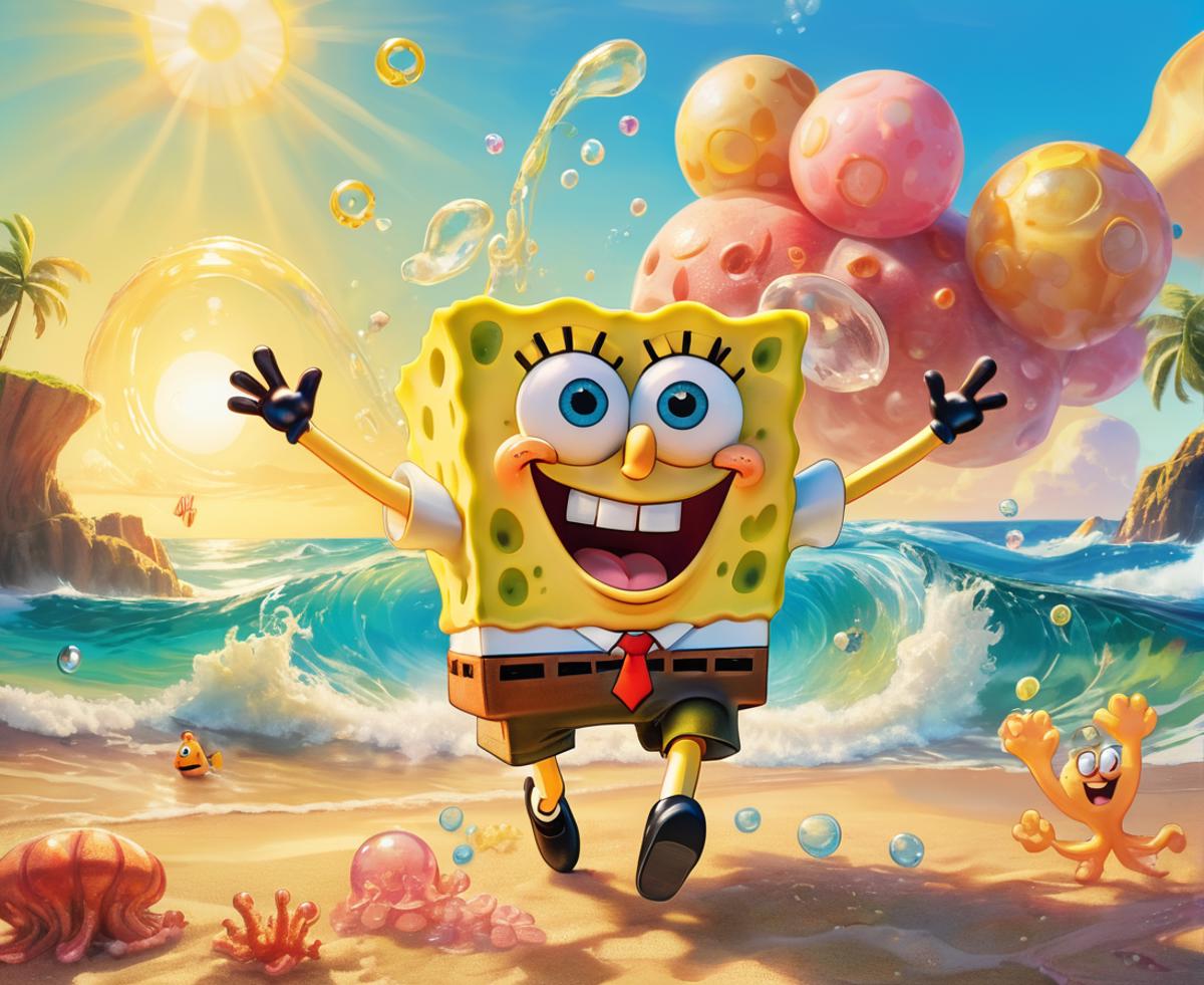 A Happy Spongebob Running Along the Beach with Balloons and Water in the Background