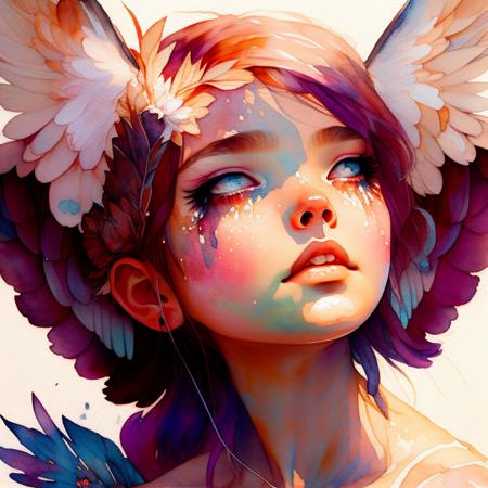 wtrcolor style, Digital art of (fallen angel girl with angel wings), official art, frontal, smiling, masterpiece, Beautiful, ((watercolor)), face paint, paint splatter, intricate details. Highly detailed, detailed eyes, [dripping:0.5], Trending on artstation, by Rachel Walker