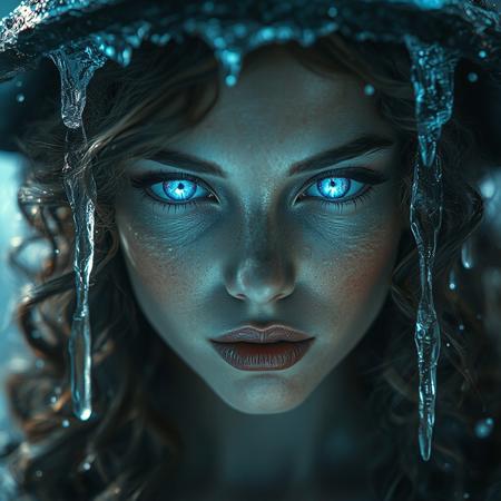 A beautiful woman with crystal blue glowing eyes and curly hair, wearing an ice hat, surrounded by icy water droplets, creates a surreal atmosphere. The art style is fantasy, with cinematic lighting and blue tones. It is a close-up portrait with a mysterious mood, depicting an ethereal beauty in a fantasy world, hkmagic, masterpiece, best quality, highly detailed, sharp focus, dynamic lighting  <lora:FantasyWizardWitchesFluxV2-000001:0.85>