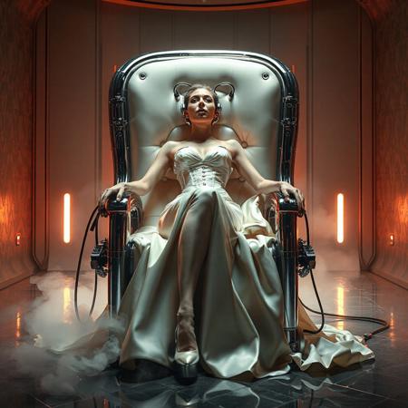 A slender, arrogant  rich norvegian bride, reclined in a polished steel restraint fetish chair, dressed in a luxurious, rich fantasy satin wedding gown with a fitted, boned corset accentuating her ultra-thin waist.and a full, flared skirt, paired with satin high heels, orgasm face. The massive electrodes holding her head pressed to the steel restraint chair headrest,  cabled to a  futuristic superconputer rack. Her hands and ankles are bound to the steel restraint chair   by massive steel restraints,   weird fog from the floor. The scene is set in a sterile, empty chamber, with a glossy mother-of-pearl finish, evoking a sense of futuristic dread. Inspired by the cinematic styles of Ridley Scott, Guillermo del Toro, and H.R. Giger, with a blend of sci-fi and horror elements, this full-body portrait is a masterpiece of cinematic storytelling, shot on a virtual v-raptor XL camera, with a warm, film-grained aesthetic, subtle vignette, and rich color grading, reminiscent of 35mm film, with dramatic, atmospheric lighting, inviting the viewer to immerse themselves in this epic, stunning scene.