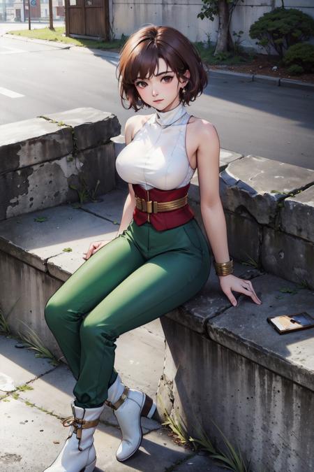 (masterpiece, top quality, best quality, official art, beautiful and aesthetic:1.2), (1girl:1.3), (fractal art:1.3), solo, 
short hair, breasts, pants, sleeveless,brown hair, sleeveless, closed mouth, bare shoulders, white turtleneck,toned,
green pants,  white footwear,boots,
outdoors, sunlight, 
simple background, looking at viewer,   <lora:Annie:0.8>