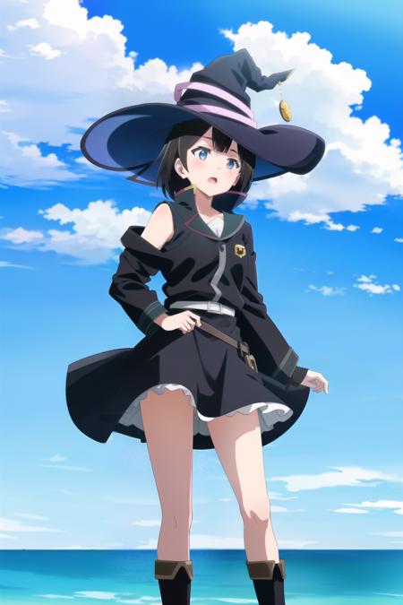 masterpiece, best quality, 1girl, saya \(majo no tabitabi\), witch hat, sky, blue sky, open mouth