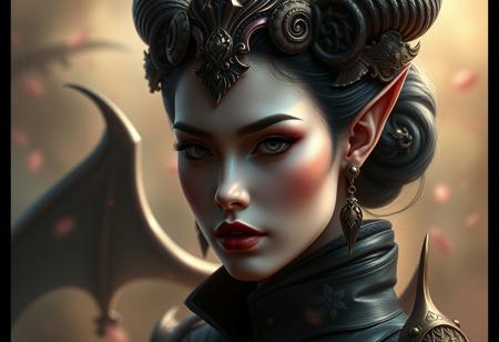 Create a digital painting of a woman, the ornate supreme demon overlord, with a soft lighting gradient and immaculate shading. The dark colour scheme should feature the empress’ swirling gardens. Replace her ears with black horns. Draw inspiration from the styles of Luke Pearson, Stanley Artgerm Lau, and Lois van Baarle. The artwork should have a sense of global illumination and radiant light, with detailed and intricate environments and micro details. No text should be included, and the composition should be reminiscent of high-fantasy artwork trending on ArtStation.