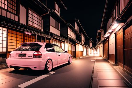 light pink CIVIC6 on a narrow kyoto alley, japanese architecture, foggy street at night, bokeh, depth of field, 1 car, <lora:CIVIC6:0.8>