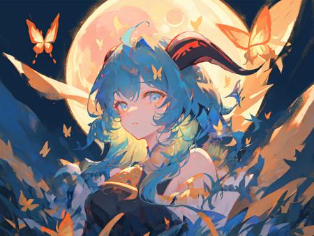 (mksks style), masterpiece, best quality, ultra-detailed, illustration, portrait, 1girl, ganyu, twin horn, night time, moon light, siiting on grass, luminous butterfly <lora:ganyu:0.6>