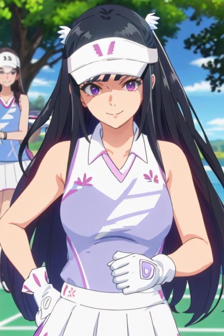 best quality, masterpiece, highres, solo, {amawashi_aoi_birdiewinggolfgirlsstory:1.15}, long_hair, black_hair, purple_eyes, smile, visor_cap, day, blue_hair, 2girls, multiple_girls, sportswear, gloves, solo_focus, tennis_uniform