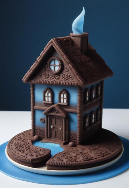 glowing light, sea, house made of creamy cookies, (masterpiece:2.0), high quality, ink sketch style, high detailed, watercolor. blue aura, zero gravity,