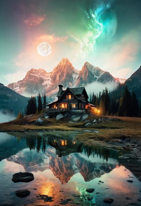 (by Ellen Jewett:1.5), (Bioluminescent Impressionism, The Dreamland), their peaks veiled in mist. mixed media, surrealism, great lighting, A surreal landscape highly detailed . extremely high-resolution details,  appears trapped in an optical illusion of reflections and refractions colorful , mountain cabin, professional photography, natural lighting, volumetric lighting maximalist. intricately detailed, complex, elegant, night, moon, expansive, fantastical, film photography style,  medium grain,  <lora:MJ52:0.3>  <lora:SDXLFaeTastic2400:0.4>  <lora:EpicF4nta5yXL:0.7>.ethereal landscapes, depth of field, biotech emotion:1.3) <lora:xl_more_art-full_v1:0.5> <lora:add-detail-xl:1> <lora:RMSDXL_Creative:2>, GhostlyStyle