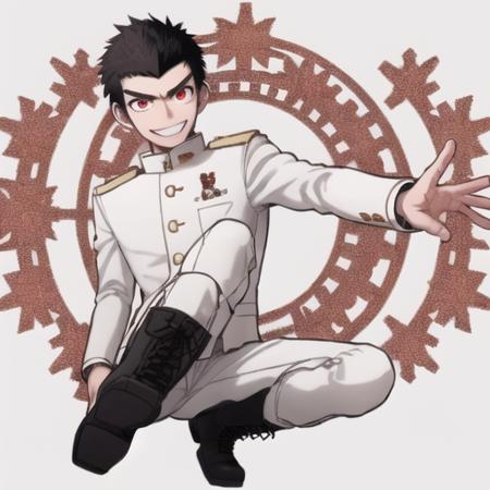 masterpiece, best quality,<lora:kiyotan_vB:0.42>, 1boy, thick eyebrows, red eyes, black hair, very short hair, full body, white jacket, white pants, lace-up boots, happy_smile