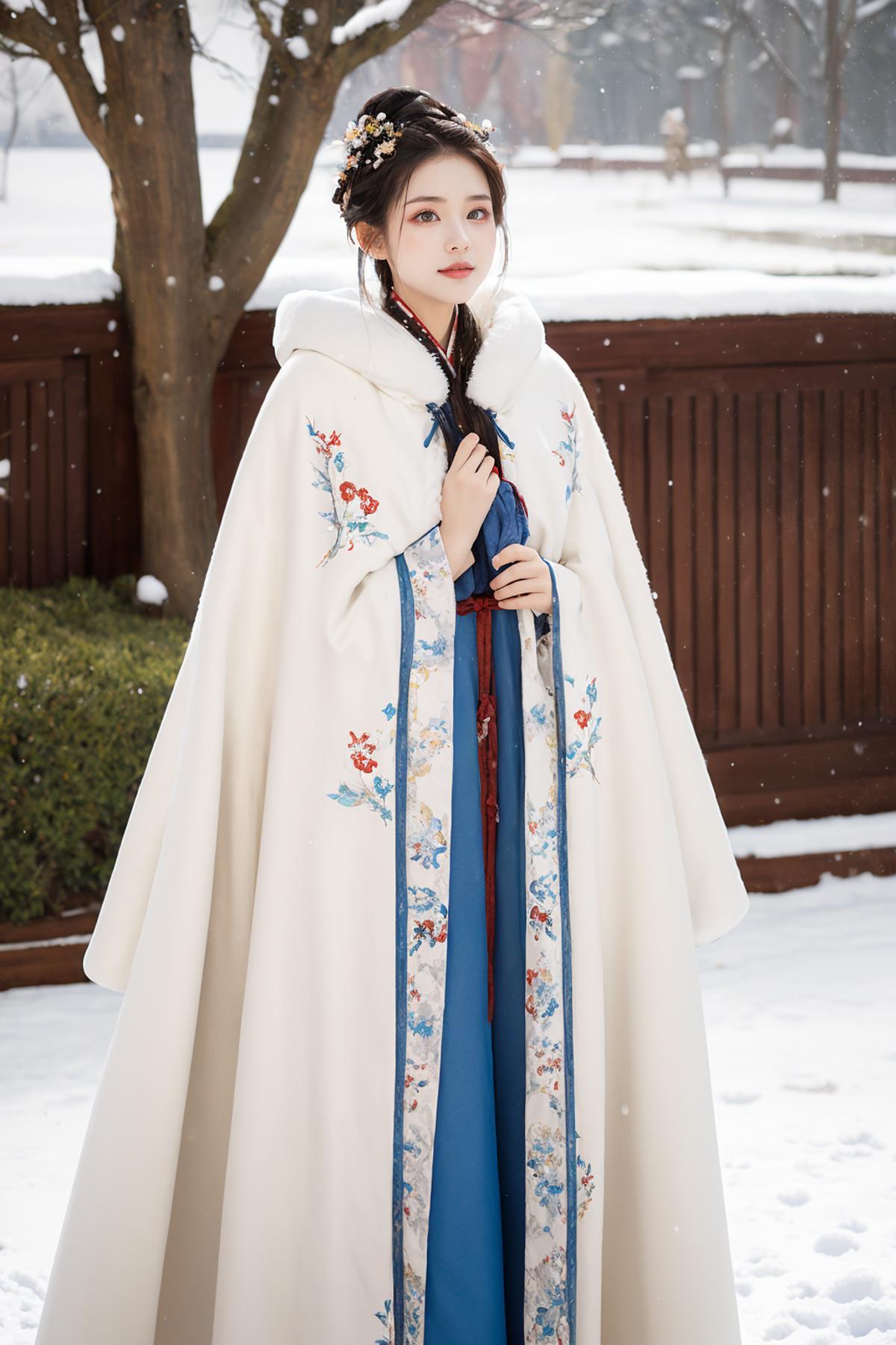 A woman wearing a blue dress and a white coat with flower designs on it, standing in the snow.