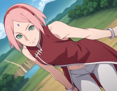 sakura haruno, short hair, green eyes, pink hair, hairband, facial mark, forehead mark, red hairband, navel, bare shoulders, jewelry, sleeveless, pants, bracelet, dress, red dress,