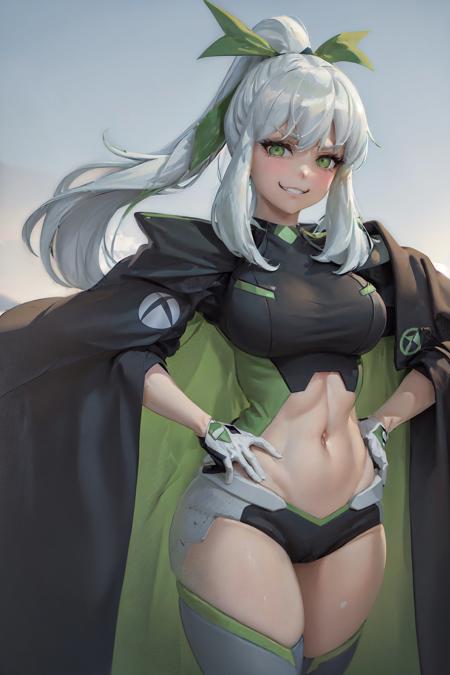 (masterpiece, best quality:1.2), <lyco:consolechan_xbox-09:1.0>, cowboy shot, solo, 1girl, xbox-chan, evil grin, looking at viewer, hands on hips, ponytail, green hair ribbon, clothing cutout, stomach cutout, cape, (gloves:1.1)