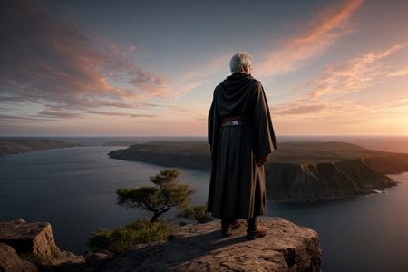 young man, grey hair, green eyes, tall, Sith, black jedi robe, standing on a cliff, looking at the sunset, mystical, epic, detailed, ultra realistic, HD.
