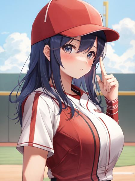 <lora:Lilina_FE-10:0.8>, lilina fe, 1girl, solo, breasts, looking at viewer, blush, large breasts, (baseball uniform:1.5), baseball cap