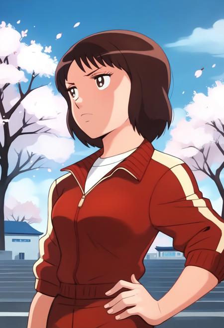 CPTTSanae, brown hair, brown eyes, short hair, white sailor collar, yellow neckerchief, red serafuku, red shirt, red skirt, white kneehighs, black shoes, red sailor collar, yellow neckerchief, white serafuku, red skirt, white kneehighs, black shoes, red jacket, track jacket, track suit, track pants, white sneakers, light blue shirt, short sleeves, white pants,