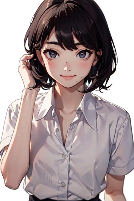 nanakomatsureal, masterpiece, best quality, ultra high res, beautiful detailed eyes, 1 girl, dslr, looking at viewer, smile, standing, black eyes, black hair, short hair, medium breasts, white shirt, ((white background)), <lora:nanakomatsulora:1>,