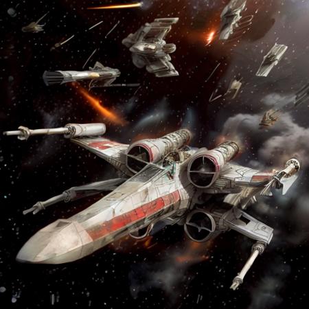 very high quality ,  <lora:Xwing:0.8> , Xwing , red , white , smoothed texture, smoothed image , black background , view from behind , thruster , red flame ,