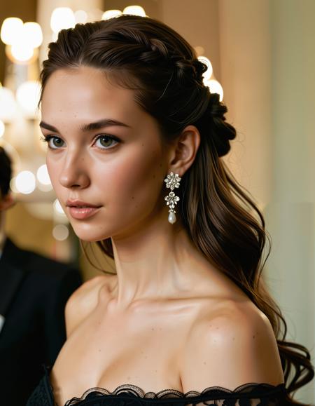 A photo realistic shoot from a profile camera angle about a young woman in a black off-shoulder dress with lace details, posing in an elegant indoor setting. the image also shows a chandelier, soft lighting, and a blurred figure in the background. on the middle of the image, a 20 years old woman with fair skin, long brown hair with blonde highlights, and green eyes appears to be looking at the viewer with a neutral expression. she has a slender physique and is wearing a short black dress with off-the- shoulder lace details and a black skirt. her hair is tied up with a white flower, and she is wearing earrings.
