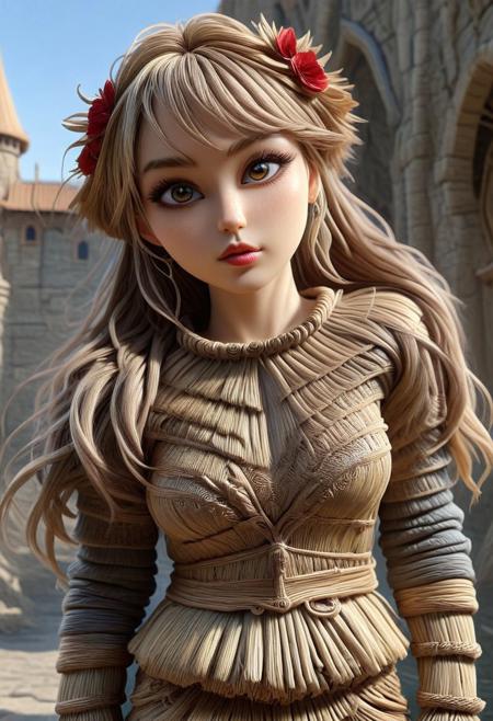 Straw thread,  Cambodian woman, asian features, long hair, huge boobs, small waist, fitness body, toned muscle, wide hips, An extreme photorealistic upper body shot of a cat girl with mesmerizing golden eyes and slit pupils. She has long, flowing two-tone hair, hair with striking unrealistic beauty. red lips, the skin has tiny imperfections like pores, faint freckles, and slight skin texture variations to add realism. Realistic lip texture with soft lines, slight gloss, and natural color variation. Realistically detailed tear ducts, slightly moist, enhancing the natural appearance of the eyes. Faint, barely visible veins under the eyes, adding depth and authenticity to the skin. Individually rendered eyebrow hairs with natural variation in direction, length, and thickness. Variation in hair strand thickness, with some thinner and finer than others, Gothic castle, lively, luminescent, Majestic castle, big eyes, fully dressed, (straw sweater:1.8), (castle:1.4), (outdoors:2), CZC, FULL BODY, CLOTHED, hands behind the head, agile pose, dynamic pose, (action:1.6), rinami_a_xl, light brown hair, single hair bun, swept bangs, sidelocks, long hair, (red:1.5).