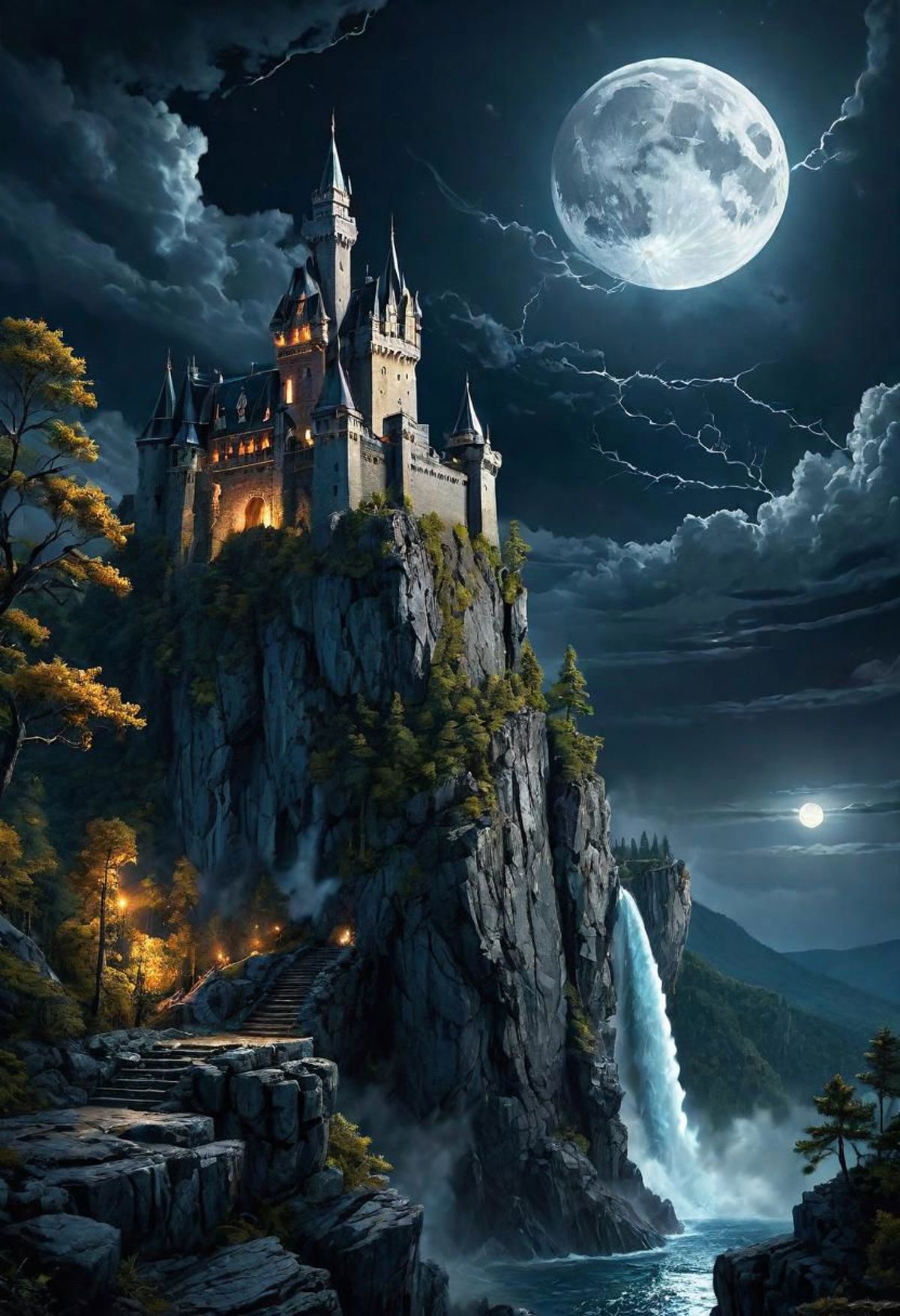 A castle at the top of a mountain with a moonlit sky in the background.