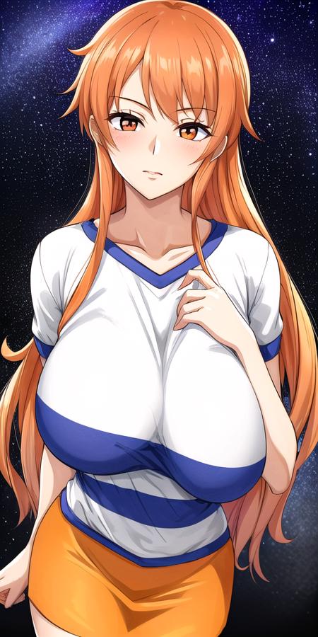 <lora:NamiV2:0.7> n4mi, huge_breasts, standing, solo, TSN4mi_long_hair, White_striped_shirt_Orange_pencil_skirt_short_sleeves, starry_sky,, masterpiece, best quality, detailed face, detailed eyes, highres,