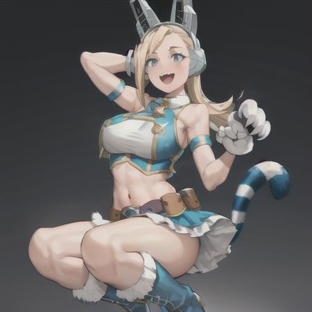 Pixie-Bob, 1girl, solo, long hair, breasts, looking at viewer, smile, open mouth, blue eyes, skirt, blonde hair, large breasts, shirt, gloves, navel, animal ears, bare shoulders, tail, :d, thighs, boots, frills, teeth, sleeveless, midriff, belt, cat ears, white gloves, miniskirt, star (symbol), blue skirt, crop top, cat tail, fur trim, fake animal ears, headgear, blue background, knee boots, frilled skirt, animal hands, blue footwear, pouch, paw pose, fake tail, paw gloves, belt pouch <lora:PixieBobLoRA-10:0.8>