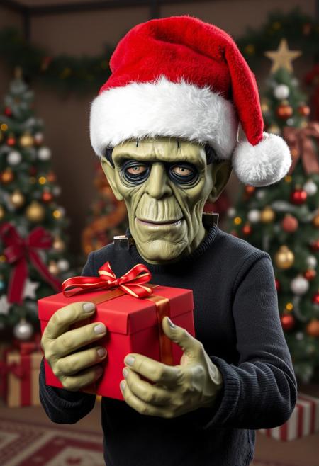 Frankenstein’s Monster wearing a Santa hat and holding a Christmas present in front of decorated Christmas trees. Looking at viewer with slight smile.