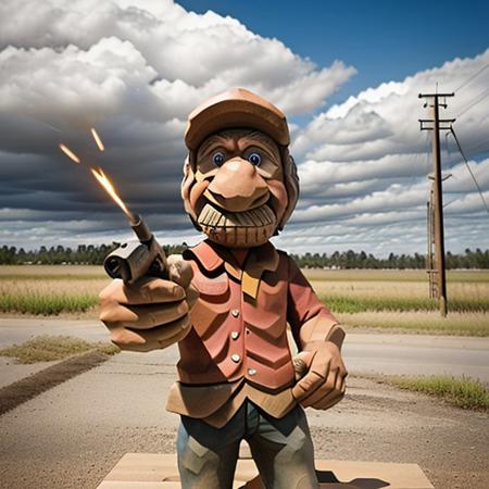 Wooden flo from state farm shooting lightning from his hands at power poles, 8k extreme detail, Outside, standing next to a metal machine, realistic, perfect, no mistakes,