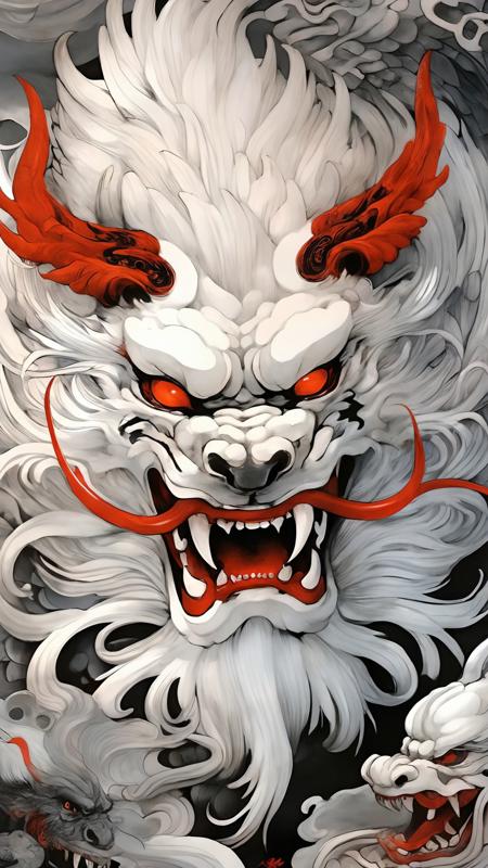 chinese ancient monster,The head of a white wolf,the human body,muscular,enormous wings,sharp teeth,huge red eyes,Sharp horns,long long white hair,Sharp claws,mysterious,gigantic,and terrifying,(fantasy beast creature),masterpiece,best quality,masterpiece,best quality,a monster in Chinese mythology,Combined,dark,Horror Abstract Art,Rich details,black theme,