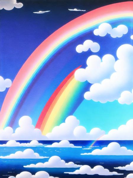 <lora:HiroshiNagai:1>a painting of clouds and a rainbow in the sky over the ocean with a sky background by Hiroshi Nagai