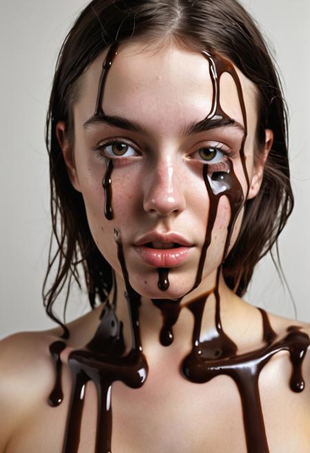Surreal and artistic  photograph of a sexy young woman of mixed Irish and french heritage. Her face expresses pure lusty erotic desire, entirely aroused. Her body exposed and alluring, her body posed and visible, slim waist and curvy hips. Postmodern nonpareils and dripped chocolate syrup  tastefully decorate  her face and breasts, tummy and shaved pubic mound.