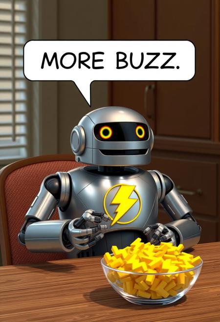 A robotic metallic trash can, sitting at a dining table, eating (yellow foam lightning bolts buzz logo), with a speech bubble above it saying "MORE BUZZ", bowl of (yellow foam lightning bolt buzz logos) on the table