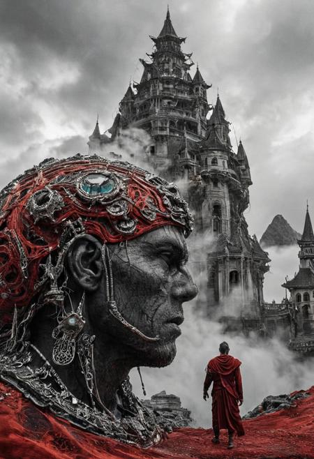 towering building over head, their peaks veiled with precious stones, intricate details, natural mist, volumetric the headset A black and white illustration of an angry coach, arguing, bent over in frustration, holding towel, with lightning and clouds swirling around him in all its glory. swirlysci-fi red intricately detailed, complex, elegant, expansive, fantastical, film photography style,  medium grain, FRESHIDESH Moebius comic book