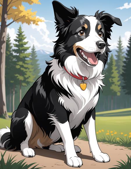 Jack, border collie dog, huntaway cross mix, black and white fur, masterpiece, best quality, no humans, solo, animal focus, fangs, open mouth, paws up, kneeling , yelling, flat colors, collar,