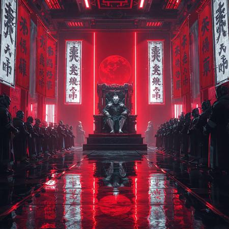 Sketch of TONTON REVOLVER - ArtStation. A line of powerful envoys, augmented nobles, and masked corporate lords kneel in silence before the towering Cyber Shogun seated on his glowing throne.
The throne room pulses with deep red and cold white neon, casting long shadows over the polished obsidian floor.
AI-controlled banners ripple with animated imperial glyphs.
The Shogun, emotionless and supreme, watches from above — flanked by twin sentry drones and armored retainers.
The atmosphere is ceremonial, terrifying, elegant: cyberpunk feudalism meets hypermodern statecraft.
Ultra-detailed, cinematic lighting, high-tech royalty, cyberpunk Japan, intense contrast, sharp reflections, futuristic luxury, 8K realism.